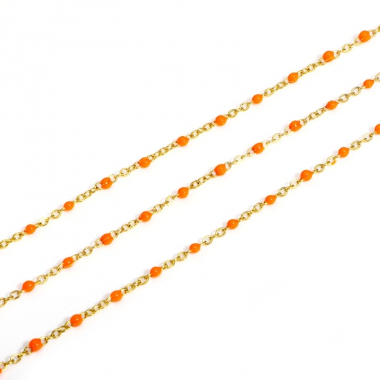 Picture of 1 M 304 Stainless Steel Link Cable Chain For Handmade DIY Jewelry Making Findings Gold Plated Orange Enamel 2.7x2mm