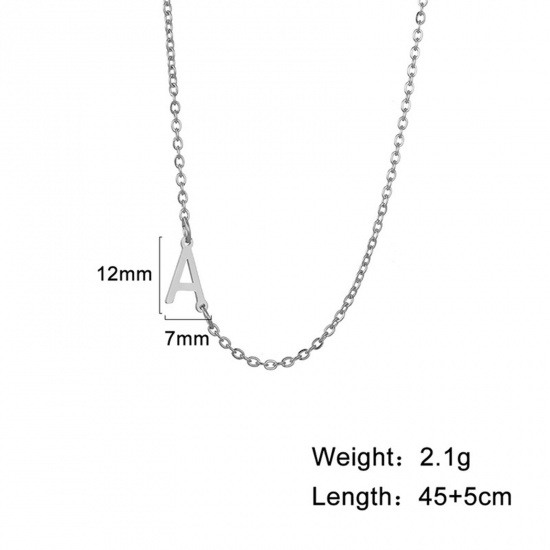 Picture of 1 Piece 304 Stainless Steel Stylish Link Cable Chain Necklace Silver Tone Initial Alphabet/ Capital Letter Message " A " 45cm(17 6/8") long