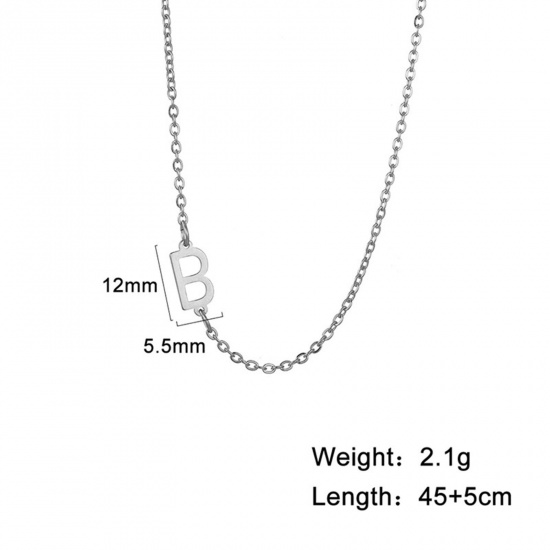 Picture of 1 Piece 304 Stainless Steel Stylish Link Cable Chain Necklace Silver Tone Initial Alphabet/ Capital Letter Message " B " 45cm(17 6/8") long