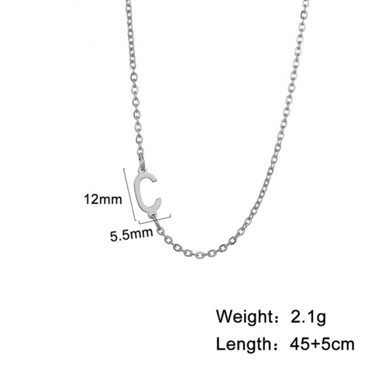 Picture of 1 Piece 304 Stainless Steel Stylish Link Cable Chain Necklace Silver Tone Initial Alphabet/ Capital Letter Message " C " 45cm(17 6/8") long