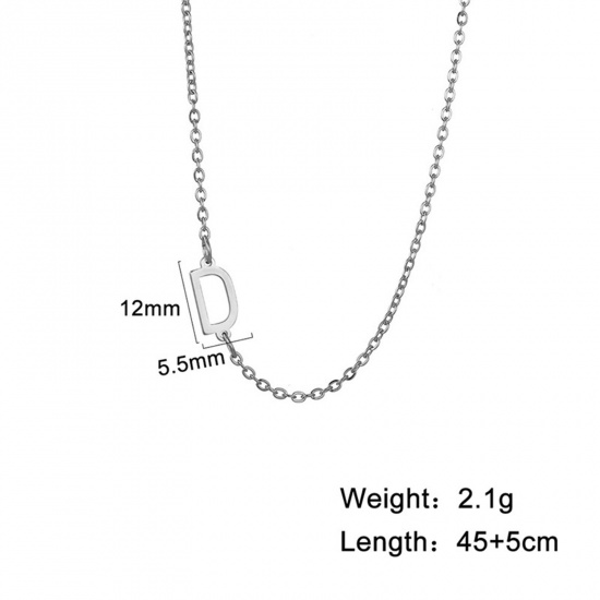 Picture of 1 Piece 304 Stainless Steel Stylish Link Cable Chain Necklace Silver Tone Initial Alphabet/ Capital Letter Message " D " 45cm(17 6/8") long