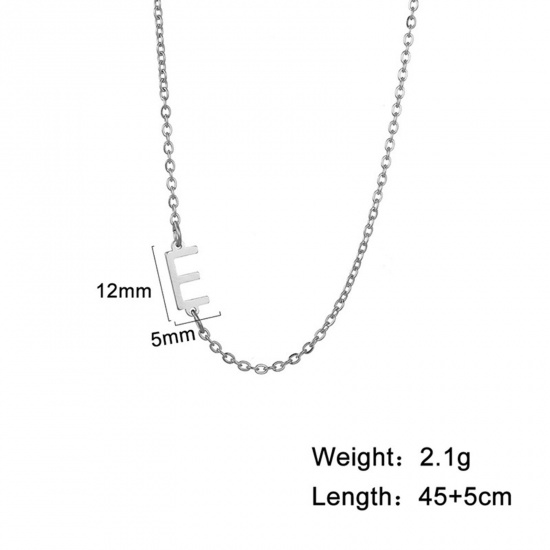 Picture of 1 Piece 304 Stainless Steel Stylish Link Cable Chain Necklace Silver Tone Initial Alphabet/ Capital Letter Message " E " 45cm(17 6/8") long