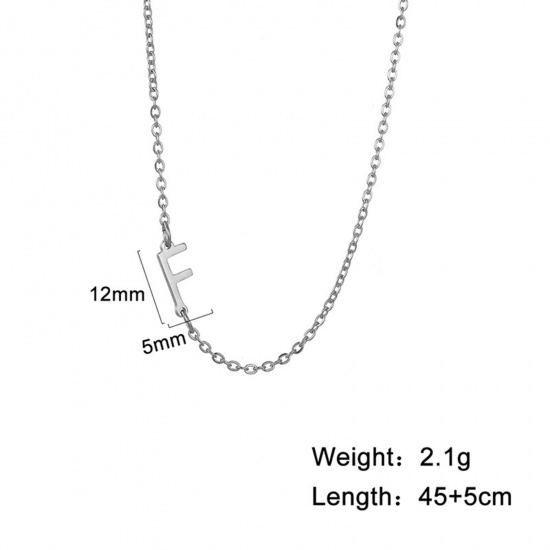 Picture of 1 Piece 304 Stainless Steel Stylish Link Cable Chain Necklace Silver Tone Initial Alphabet/ Capital Letter Message " F " 45cm(17 6/8") long