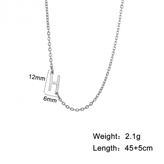 Picture of 1 Piece 304 Stainless Steel Stylish Link Cable Chain Necklace Silver Tone Initial Alphabet/ Capital Letter Message " H " 45cm(17 6/8") long