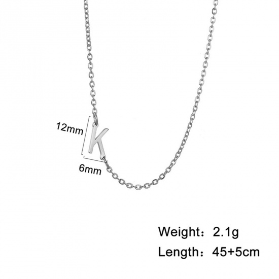 Picture of 1 Piece 304 Stainless Steel Stylish Link Cable Chain Necklace Silver Tone Initial Alphabet/ Capital Letter Message " K " 45cm(17 6/8") long