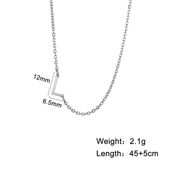 Picture of 1 Piece 304 Stainless Steel Stylish Link Cable Chain Necklace Silver Tone Initial Alphabet/ Capital Letter Message " L " 45cm(17 6/8") long