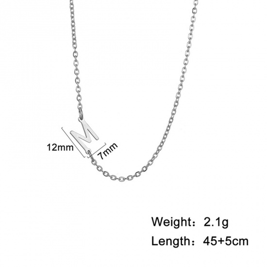 Picture of 1 Piece 304 Stainless Steel Stylish Link Cable Chain Necklace Silver Tone Initial Alphabet/ Capital Letter Message " M " 45cm(17 6/8") long