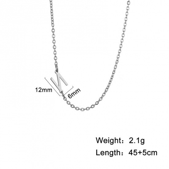 Picture of 1 Piece 304 Stainless Steel Stylish Link Cable Chain Necklace Silver Tone Initial Alphabet/ Capital Letter Message " N " 45cm(17 6/8") long