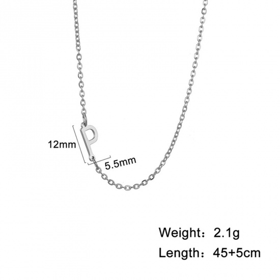 Picture of 1 Piece 304 Stainless Steel Stylish Link Cable Chain Necklace Silver Tone Initial Alphabet/ Capital Letter Message " P " 45cm(17 6/8") long