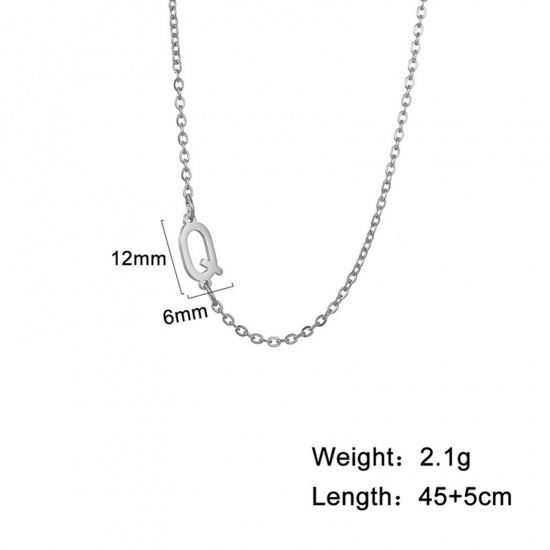 Picture of 1 Piece 304 Stainless Steel Stylish Link Cable Chain Necklace Silver Tone Initial Alphabet/ Capital Letter Message " Q " 45cm(17 6/8") long