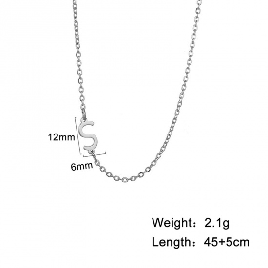 Picture of 1 Piece 304 Stainless Steel Stylish Link Cable Chain Necklace Silver Tone Initial Alphabet/ Capital Letter Message " S " 45cm(17 6/8") long