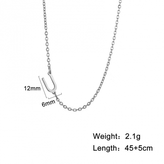 Picture of 1 Piece 304 Stainless Steel Stylish Link Cable Chain Necklace Silver Tone Initial Alphabet/ Capital Letter Message " U " 45cm(17 6/8") long
