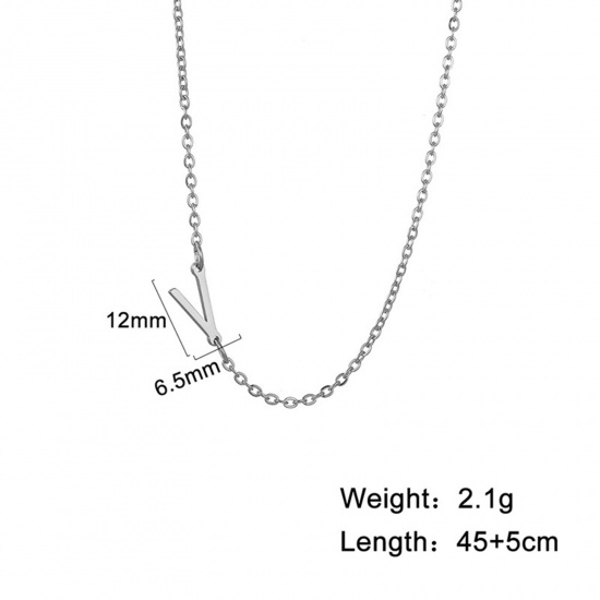 Picture of 1 Piece 304 Stainless Steel Stylish Link Cable Chain Necklace Silver Tone Initial Alphabet/ Capital Letter Message " V " 45cm(17 6/8") long