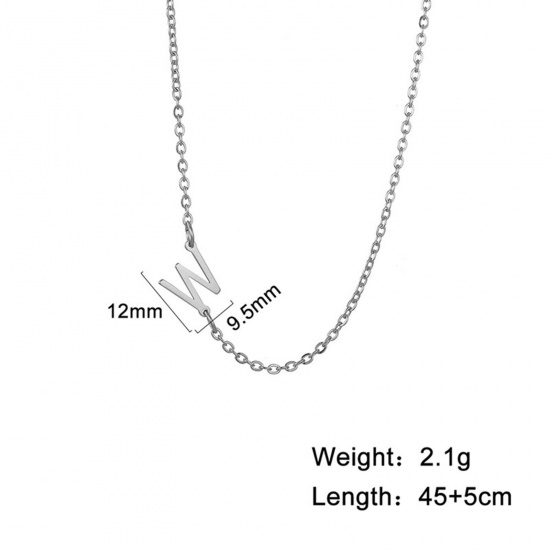 Picture of 1 Piece 304 Stainless Steel Stylish Link Cable Chain Necklace Silver Tone Initial Alphabet/ Capital Letter Message " W " 45cm(17 6/8") long
