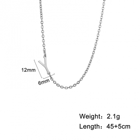 Picture of 1 Piece 304 Stainless Steel Stylish Link Cable Chain Necklace Silver Tone Initial Alphabet/ Capital Letter Message " Y " 45cm(17 6/8") long