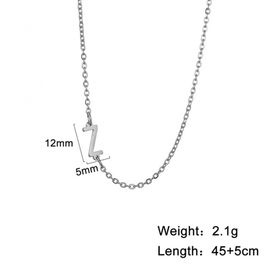Picture of 1 Piece 304 Stainless Steel Stylish Link Cable Chain Necklace Silver Tone Initial Alphabet/ Capital Letter Message " Z " 45cm(17 6/8") long