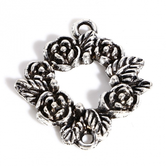 Picture of 20 PCs Zinc Based Alloy Connectors Charms Pendants Antique Silver Color Christmas Wreath Rose Flower 28mm x 25mm