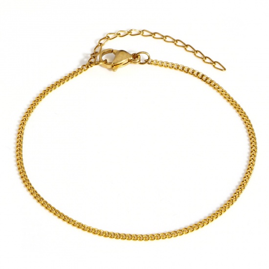 Picture of 1 Piece Eco-friendly PVD Vacuum Plating 304 Stainless Steel Cuban Link Chain Bracelets Gold Plated With Lobster Claw Clasp And Extender Chain 19cm(7 4/8") long