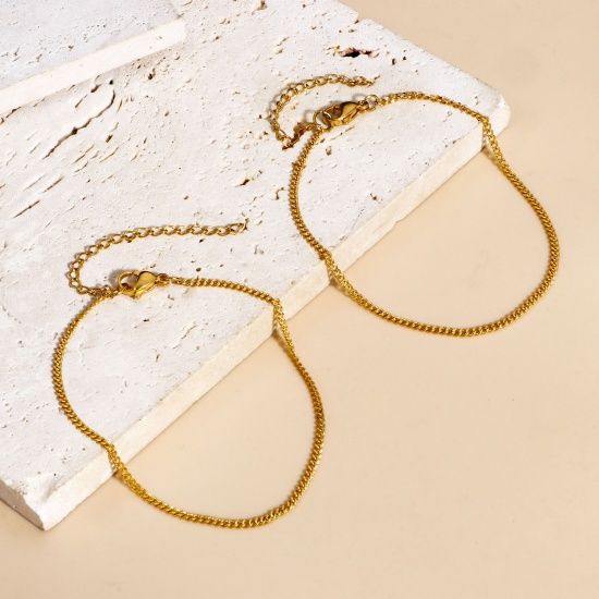 Picture of 1 Piece Eco-friendly PVD Vacuum Plating 304 Stainless Steel Cuban Link Chain Bracelets Gold Plated With Lobster Claw Clasp And Extender Chain 19cm(7 4/8") long