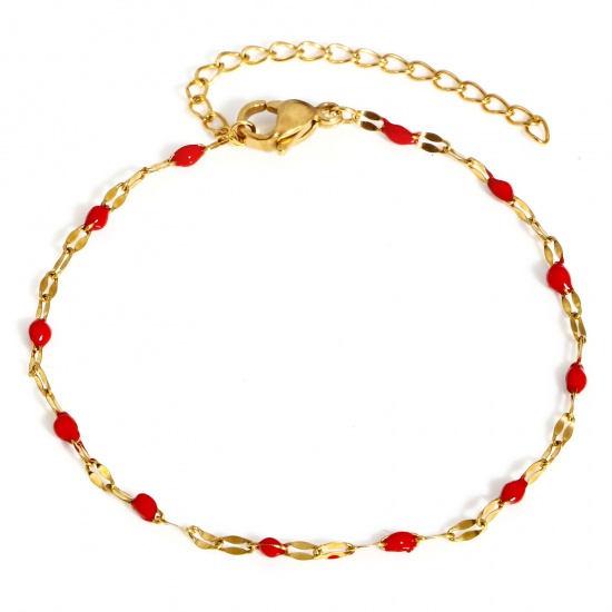 Picture of 1 Piece 304 Stainless Steel Enamel Lips Chain Bracelets Gold Plated Red With Lobster Claw Clasp And Extender Chain 17.5cm(6 7/8") long