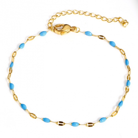 Picture of 1 Piece 304 Stainless Steel Enamel Lips Chain Bracelets Gold Plated Blue With Lobster Claw Clasp And Extender Chain 17.5cm(6 7/8") long