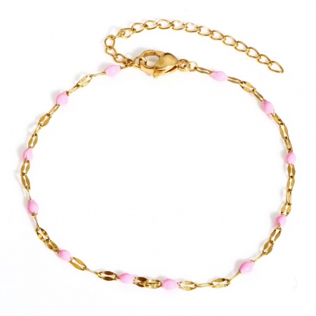 Imagen de Rosado Esmalte 304 Acero Inoxidable Cadena de Labios Pulseras Al Por Mayor, Chapado en Oro Recubrimiento al Vacío PVD Ecológico, Mujeres Elegante Regalo Suministro de Joyería, 17.5cm longitud, Tamaño de la Cadena: 2mm, 1 Unidad