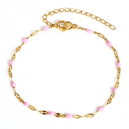 Picture of 1 Piece 304 Stainless Steel Enamel Lips Chain Bracelets Gold Plated Pink With Lobster Claw Clasp And Extender Chain 17.5cm(6 7/8") long