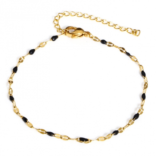 Picture of 1 Piece 304 Stainless Steel Enamel Lips Chain Bracelets Gold Plated Black With Lobster Claw Clasp And Extender Chain 17.5cm(6 7/8") long