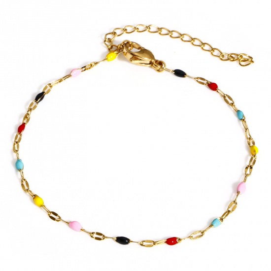Picture of 1 Piece 304 Stainless Steel Enamel Lips Chain Bracelets Gold Plated Multicolor With Lobster Claw Clasp And Extender Chain 17.5cm(6 7/8") long