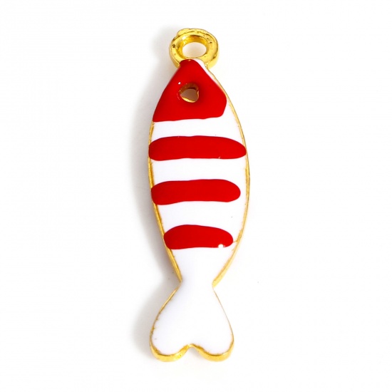 Bild von Zinklegierung Emaillierte Pailletten Charms Vergoldet Weiß & Rot Fisch Emaille 26mm x 7mm, 5 Stück