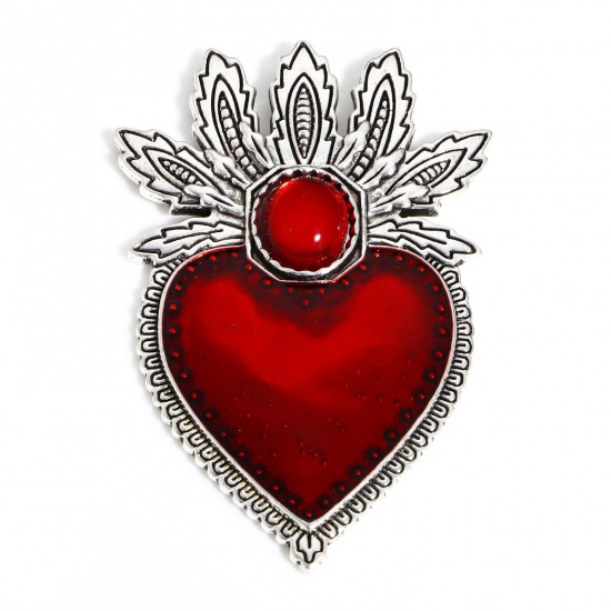 Image de Pendentifs Religieux en Alliage de Zinc Argent Vieilli Rouge Coeur de Ex-Voto Émail 5.9cm x 3.5cm, 5 Pcs