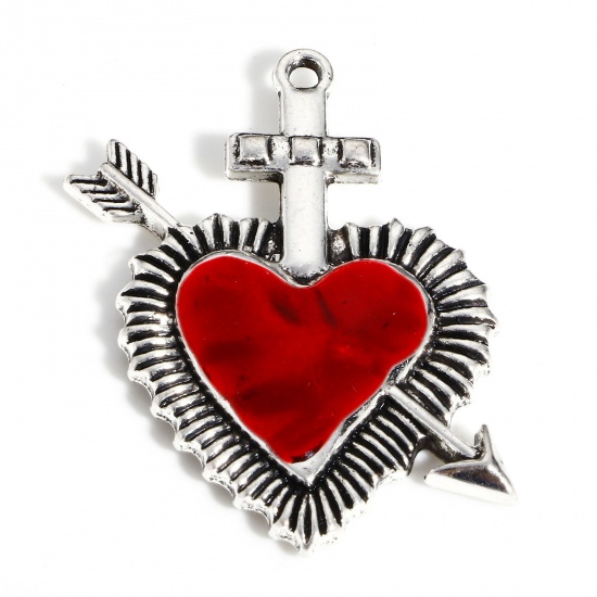 Image de Pendentifs Religieux en Alliage de Zinc Argent Vieilli Rouge Coeur de Ex-Voto Flèche Émail 3.9cm x 3.1cm, 5 Pcs