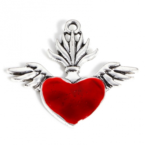 Image de Pendentifs Religieux en Alliage de Zinc Argent Vieilli Rouge Coeur de Ex-Voto Ailes Émail 3.4cm x 3.1cm, 5 Pcs