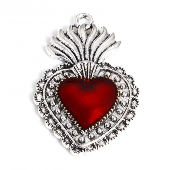 Image de Pendentifs Religieux en Alliage de Zinc Argent Vieilli Rouge Coeur de Ex-Voto Émail 3.6cm x 2.2cm, 5 Pcs