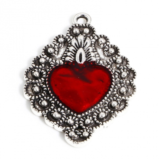 Image de Pendentifs Religieux en Alliage de Zinc Argent Vieilli Rouge Coeur de Ex-Voto Émail 3.5cm x 2.4cm, 5 Pcs