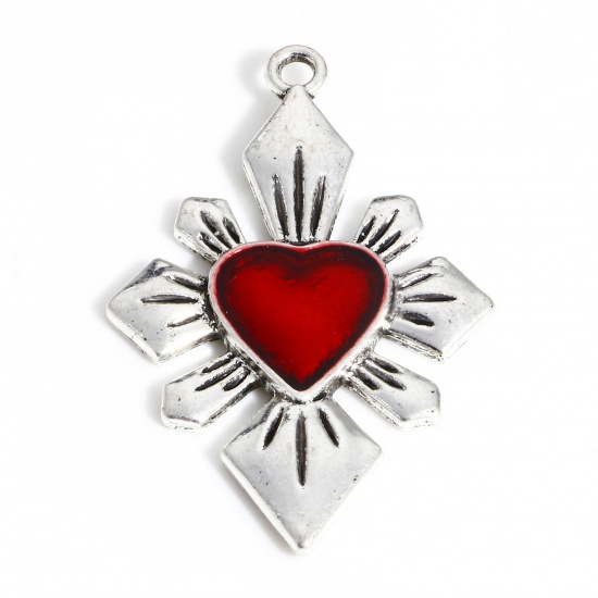 Image de Pendentifs Religieux en Alliage de Zinc Argent Vieilli Rouge Coeur de Ex-Voto Croix Émail 4cm x 2.5cm, 5 Pcs