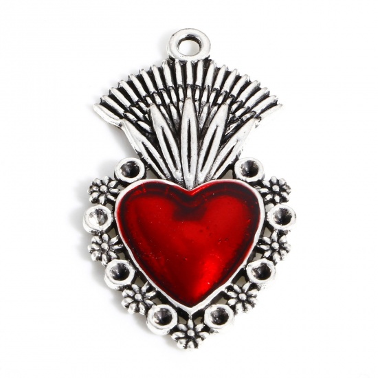 Image de Pendentifs Religieux en Alliage de Zinc Argent Vieilli Rouge Coeur de Ex-Voto Émail 3.7cm x 2cm, 5 Pcs