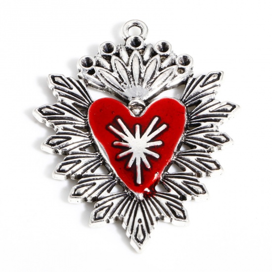 Image de 5 Pcs Pendentifs Religieux en Alliage de Zinc Argent Vieilli Rouge (Apparié à Strass ss5 Dos en Pointe) Coeur de Ex-Voto Émail 4.4cm x 3.3cm