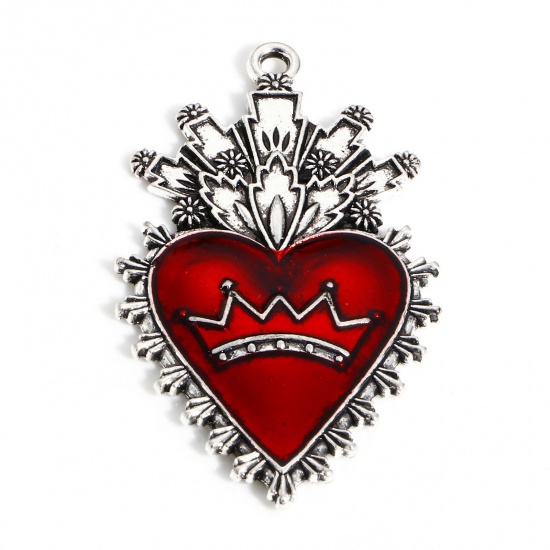 Image de Pendentifs Religieux en Alliage de Zinc Argent Vieilli Rouge Coeur de Ex-Voto Couronnes Émail 4.6cm x 2.7cm, 5 Pcs