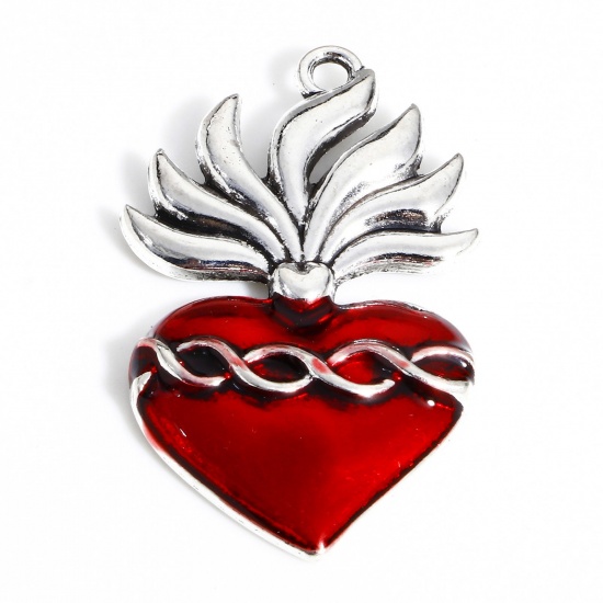 Image de Pendentifs Religieux en Alliage de Zinc Argent Vieilli Rouge Coeur de Ex-Voto Émail 3.7cm x 2.2cm, 5 Pcs