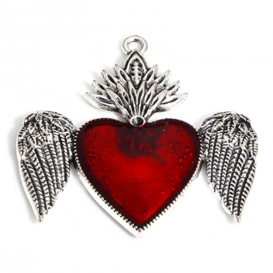 Image de Pendentifs Religieux en Alliage de Zinc Argent Vieilli Rouge Coeur de Ex-Voto Ailes Émail 4.4cm x 4.3cm, 5 Pcs