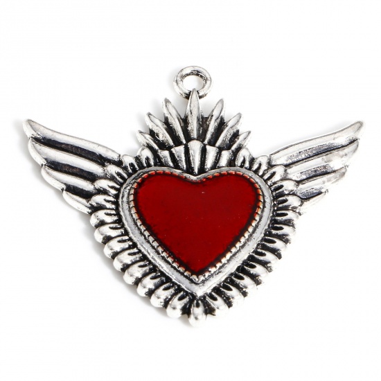 Image de Pendentifs Religieux en Alliage de Zinc Argent Vieilli Rouge Coeur de Ex-Voto Ailes Émail 4cm x 3.6cm, 5 Pcs