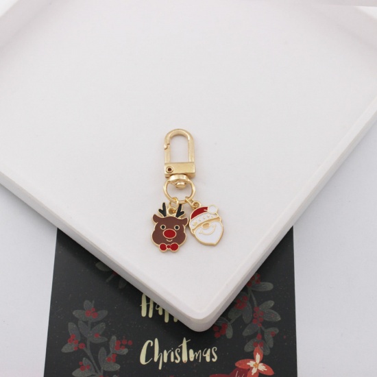 Immagine di Carino Anello Portachiavi Oro Placcato Multicolore Renna di Natale Babbo Natale Smalto 5cm, 1 Pz