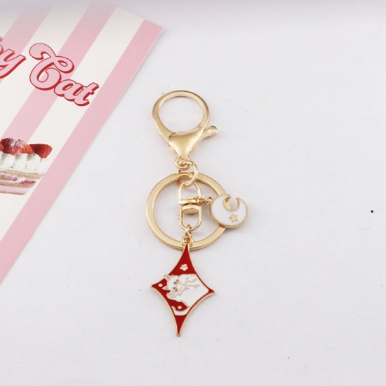 Picture of Y2K Keychain & Keyring Gold Plated White & Red Rhombus Cat Enamel 9cm, 1 Piece