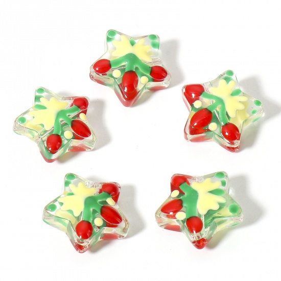 Picture of Lampwork Glass Christmas Beads For DIY Charm Jewelry Making Pentagram Star Red Enamel About 13mm x 13mm, Hole: Approx 1mm, 3 PCs