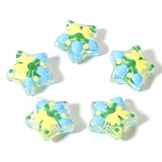 Picture of Lampwork Glass Christmas Beads For DIY Charm Jewelry Making Pentagram Star Skyblue Enamel About 13mm x 13mm, Hole: Approx 1mm, 3 PCs