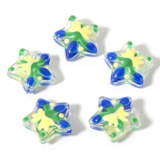Picture of Lampwork Glass Christmas Beads For DIY Charm Jewelry Making Pentagram Star Dark Blue Enamel About 13mm x 13mm, Hole: Approx 1mm, 3 PCs