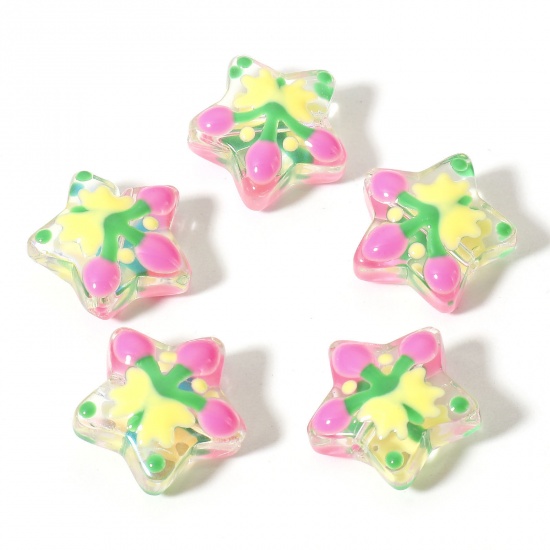 Picture of Lampwork Glass Christmas Beads For DIY Charm Jewelry Making Pentagram Star Fuchsia Enamel About 13mm x 13mm, Hole: Approx 1mm, 3 PCs