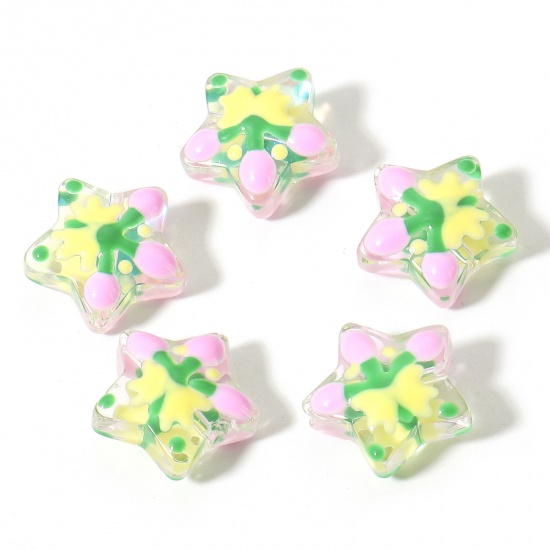 Picture of Lampwork Glass Christmas Beads For DIY Charm Jewelry Making Pentagram Star Light Pink Enamel About 13mm x 13mm, Hole: Approx 1mm, 3 PCs