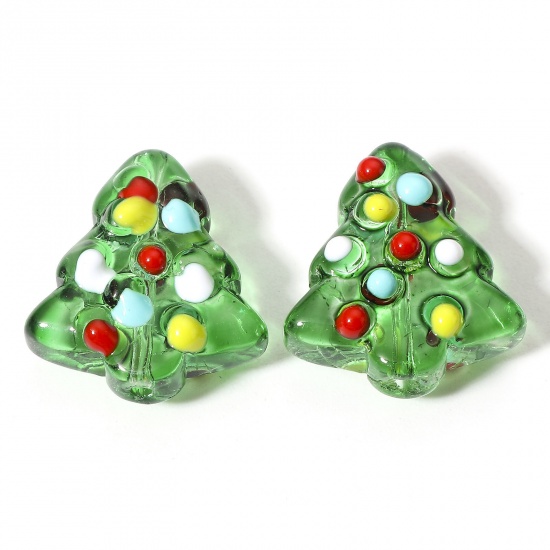 Picture of Lampwork Glass Beads For DIY Charm Jewelry Making Christmas Tree Green Enamel About 16mm x 15mm, Hole: Approx 1mm, 2 PCs
